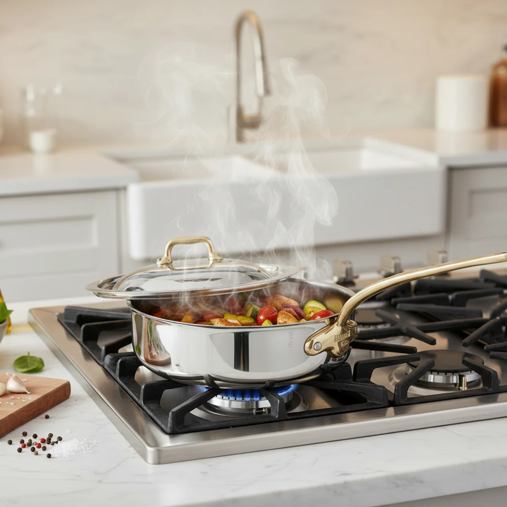 Mauviel M'COOK B 5-Ply Saute Pan With Lid, Brass Handle - Image 8