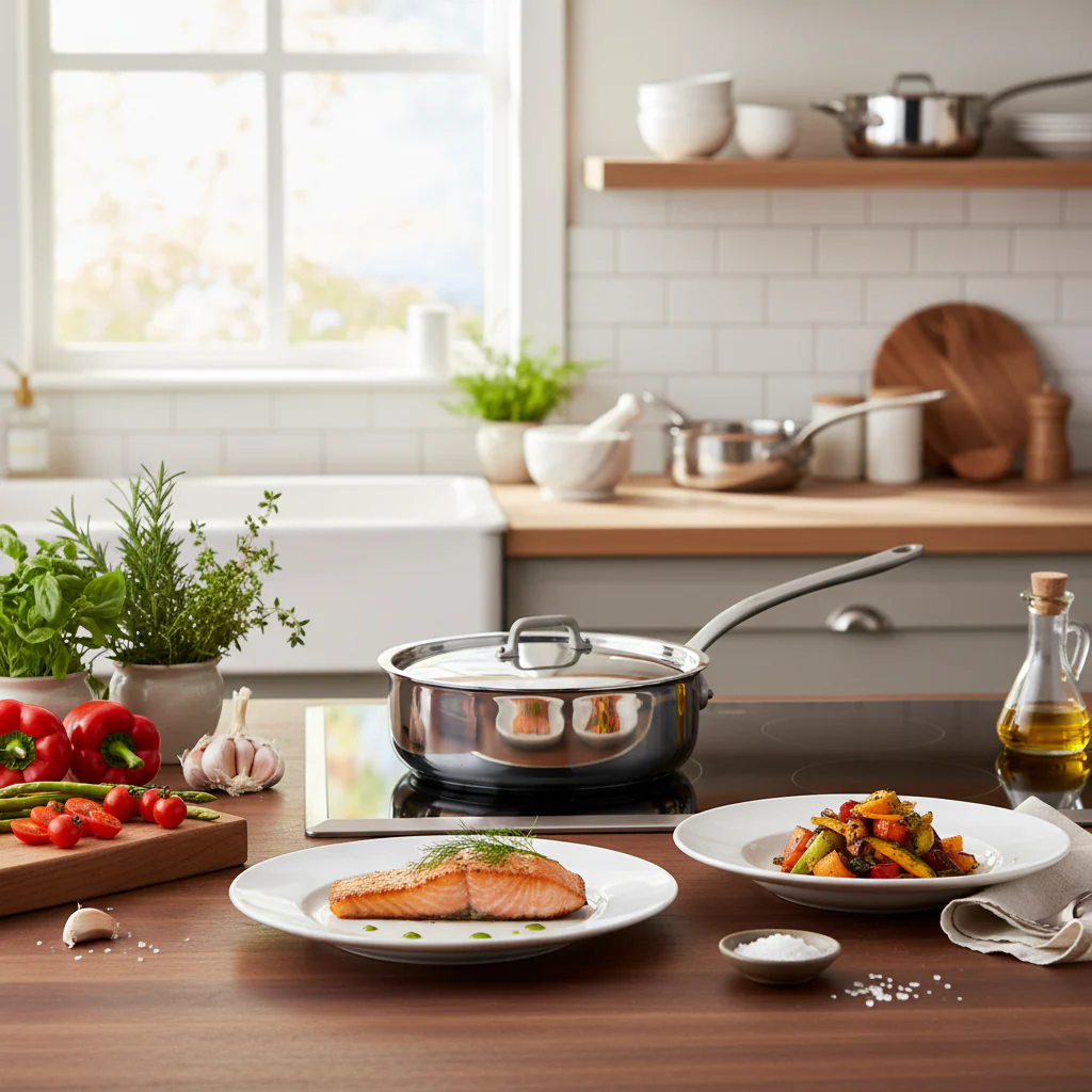Mauviel M'Cook SB 5-Ply Saute Pan With Lid, Brushed Cast Stainless Steel Handle, 3.4-Qt - Image 3