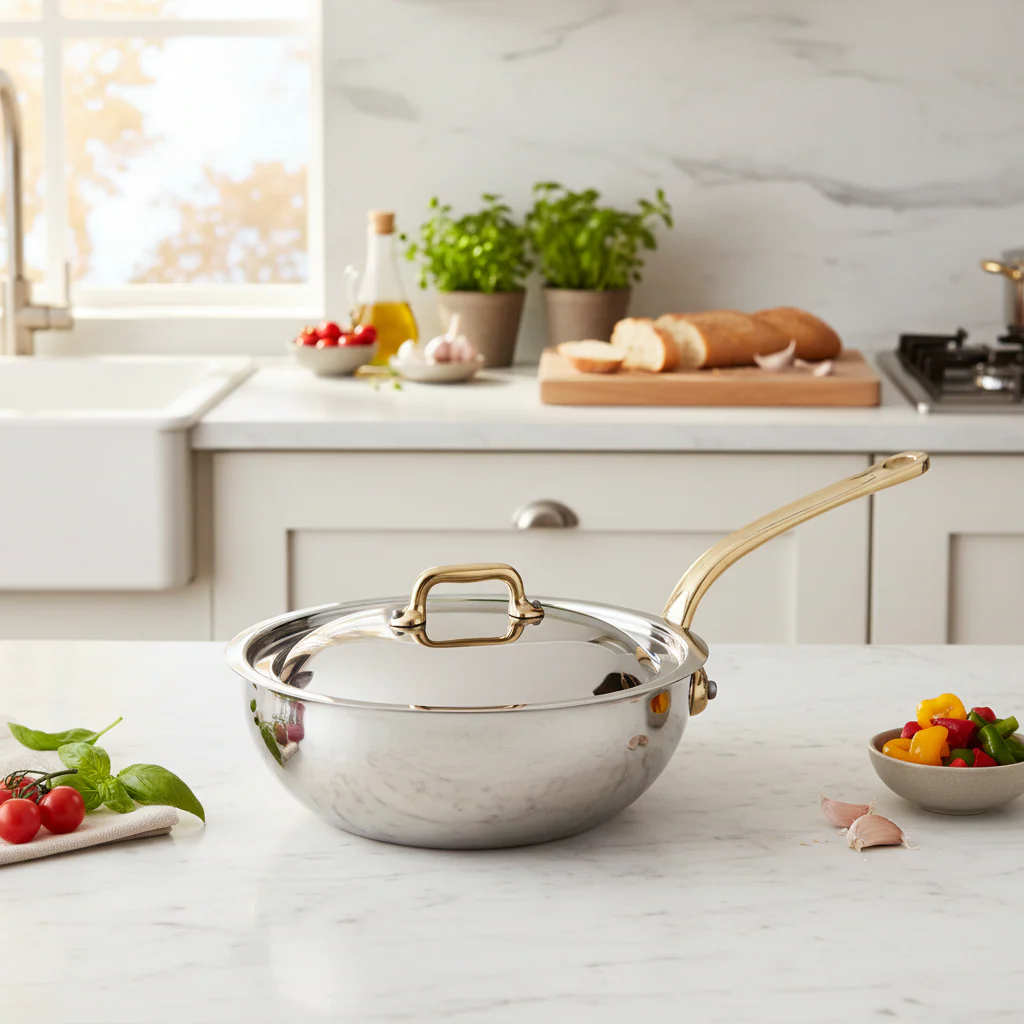 Mauviel M'ELITE B Hammered 5-Ply Chef Pan With Curved Lid, Brass Handle, 3.4-Qt - Image 3