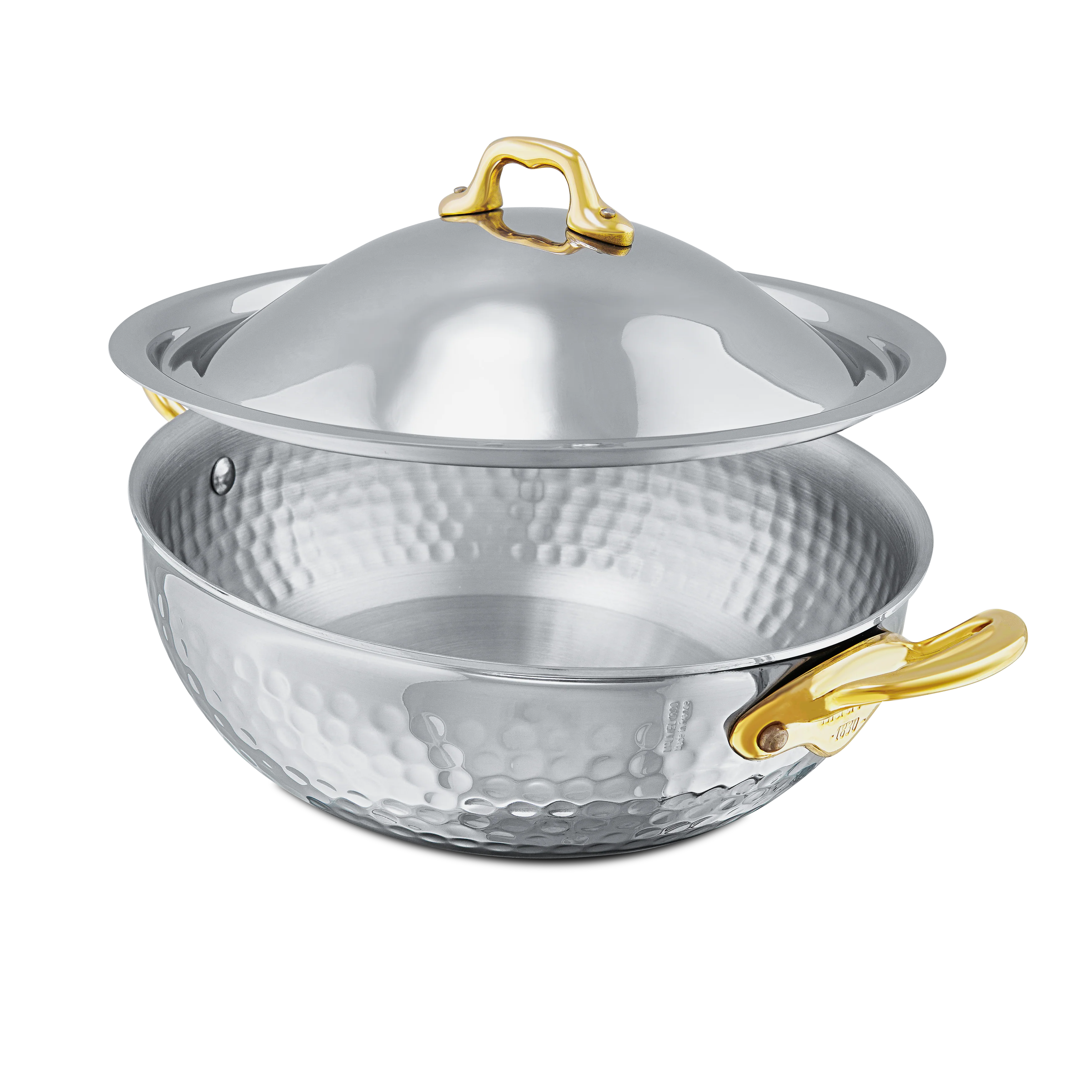 Mauviel M'ELITE B Hammered 5-Ply Curved Splayed Saute Pan With Lid, Brass Handles - Image 3