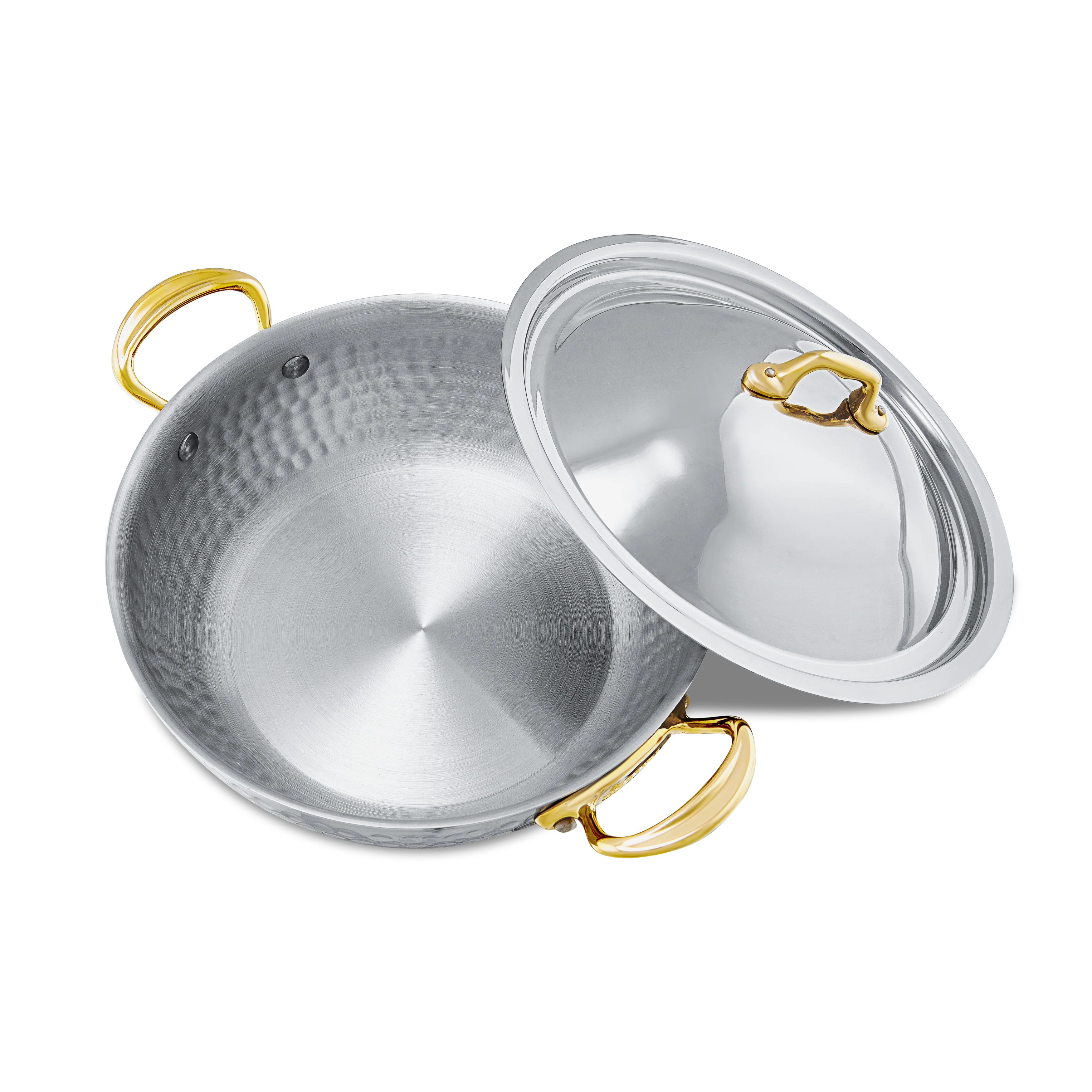Mauviel M'ELITE B Hammered 5-Ply Curved Splayed Saute Pan With Lid, Brass Handles - Image 4