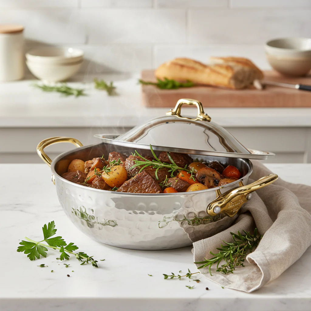 Mauviel M'ELITE B Hammered 5-Ply Curved Splayed Saute Pan With Lid, Brass Handles - Image 5