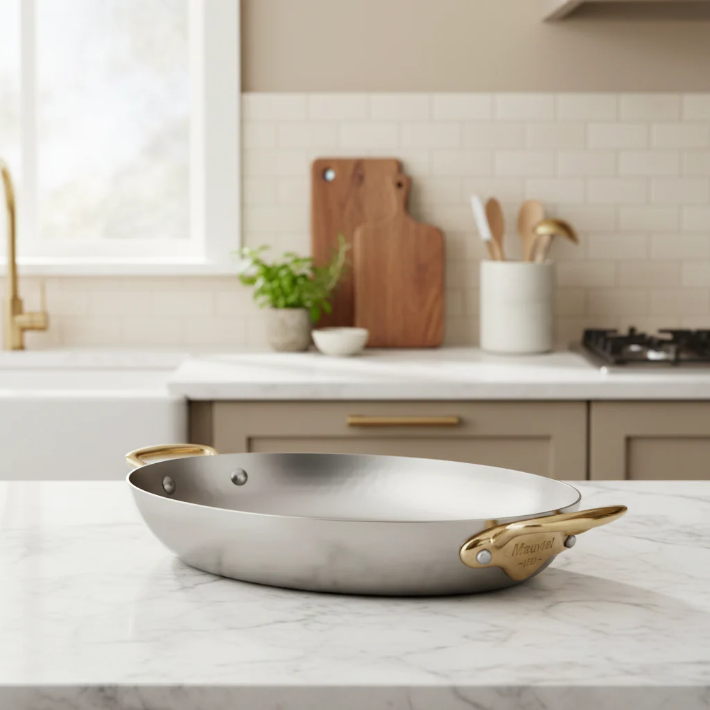 Mauviel M'ELITE B Hammered 5-Ply Oval Pan With Brass Handles - Image 2
