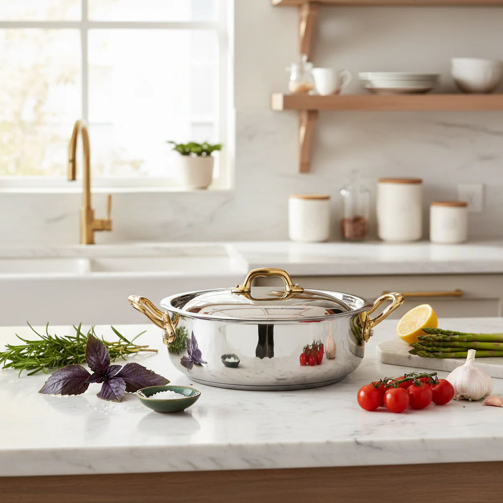 Mauviel M'ELITE B Hammered 5-Ply Rondeau With Curved Lid, Brass Handles, 6-Qt - Image 3