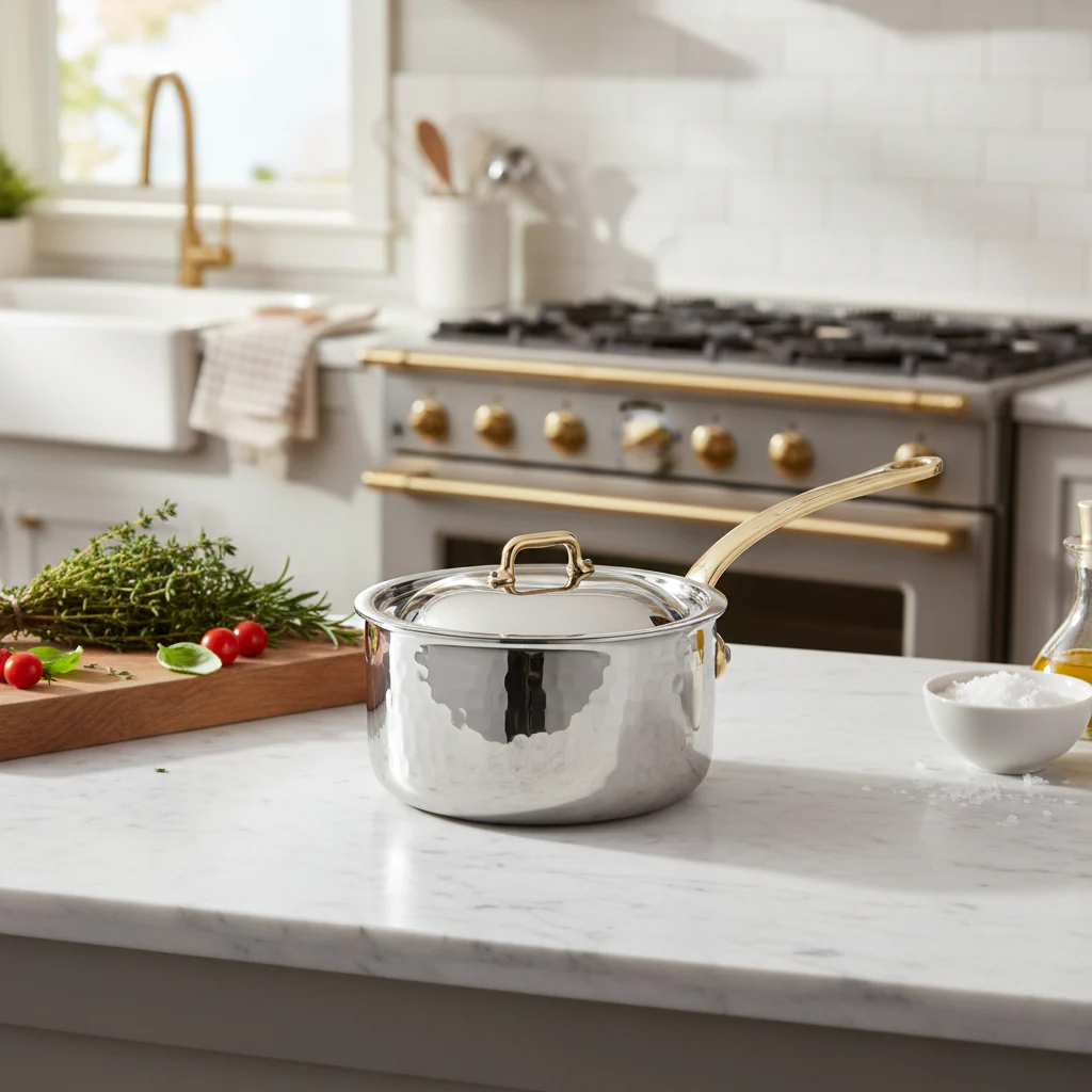 Mauviel M'ELITE B Hammered 5-Ply Sauce Pan With Curved Lid, Brass Handle - Image 3