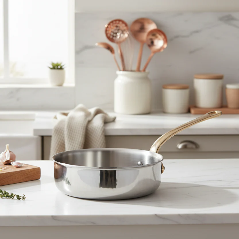 Mauviel M'ELITE B Hammered 5-Ply Saute Pan With Brass Handle, 3.2-Qt - Image 3