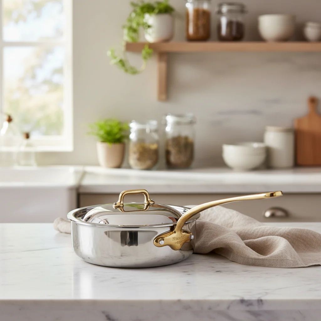 Mauviel M'ELITE B Hammered 5-Ply Saute Pan With Curved Lid, Brass Handle - Image 2