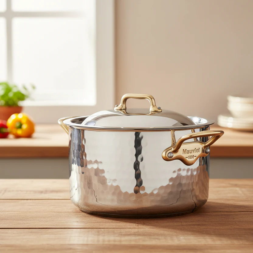 Mauviel M'ELITE B Hammered 5-Ply Stewpan With Lid, Brass Handles - Image 3