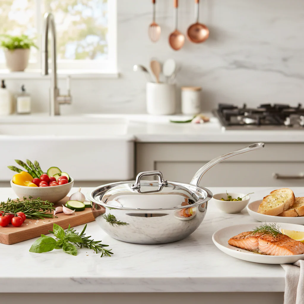 Mauviel M'ELITE Hammered 5-Ply Chef Pan With Curved Lid, Cast Stainless Steel Handle - Image 4
