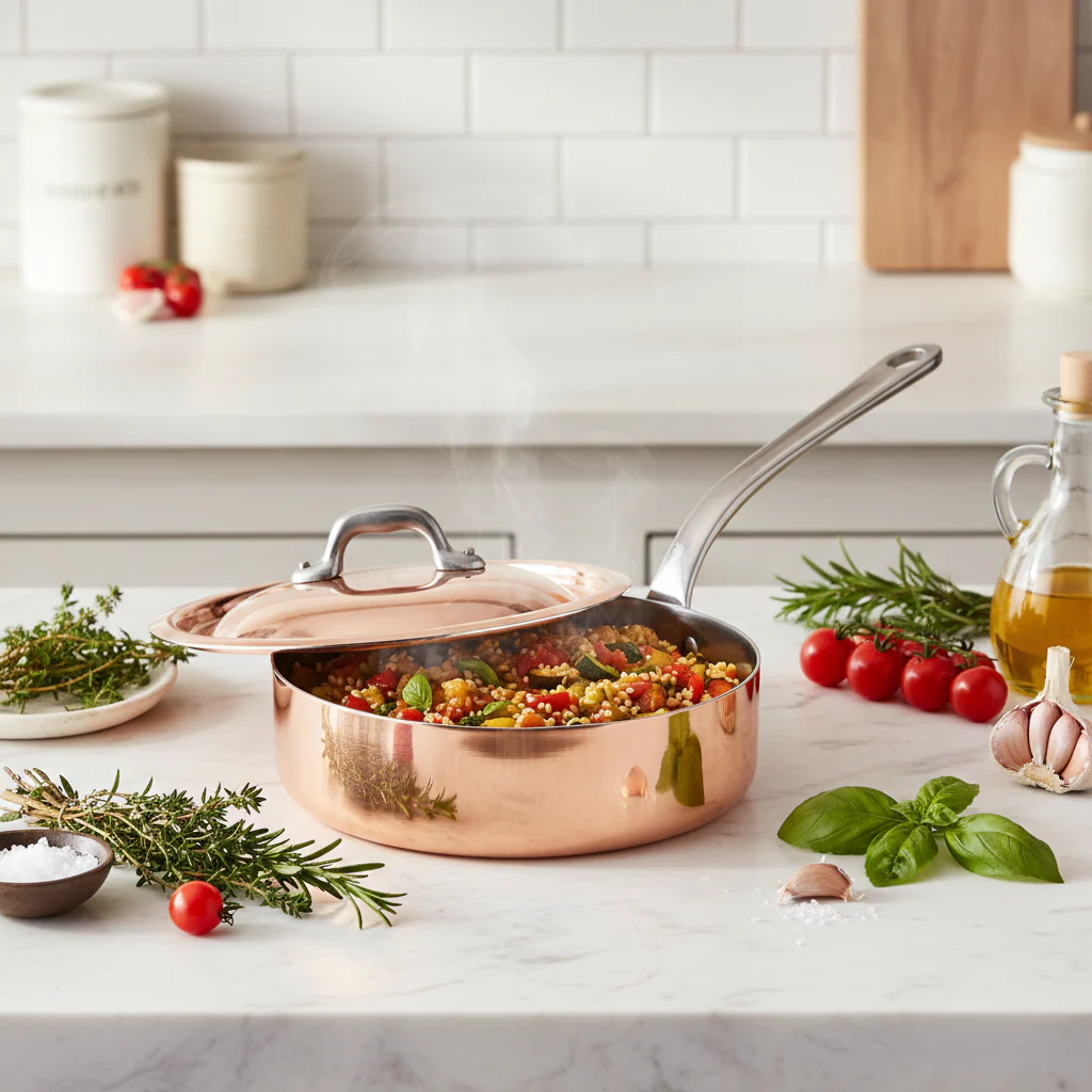 Mauviel M'Heriage M'150 S Copper Saute Pan With Curved Lid & Cast Stainless Steel Handle - Image 4