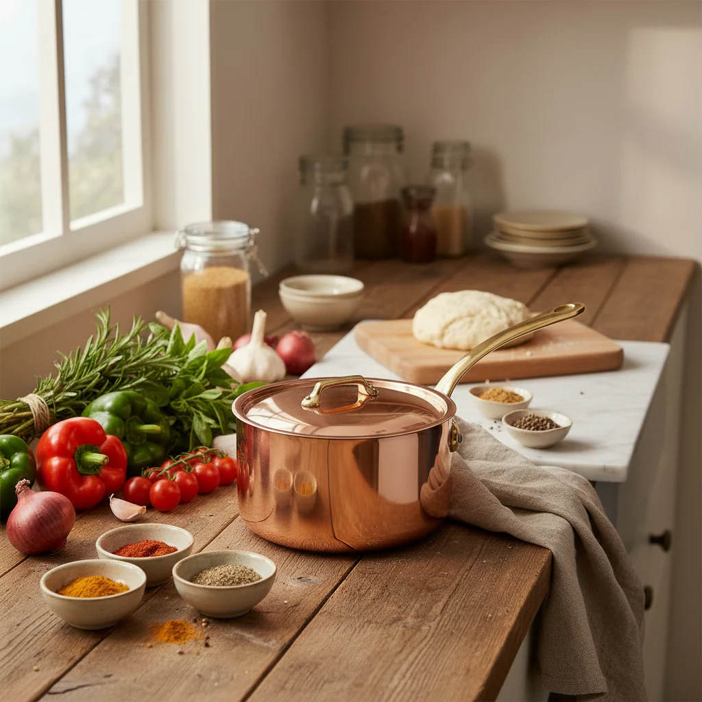 Mauviel M'Heritage M'200 B Copper Sauce Pan With Lid, Brass Handle - Image 6