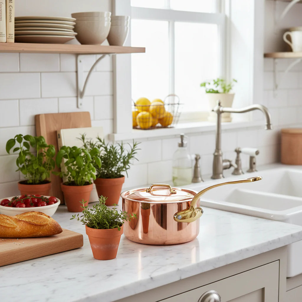 Mauviel M'Heritage M'250 B Copper Sauce Pan With Lid, Brass Handle - Image 3