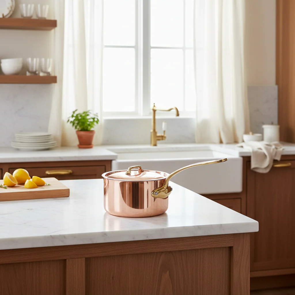 Mauviel M'Heritage M'250 B Copper Sauce Pan With Lid, Brass Handle - Image 4