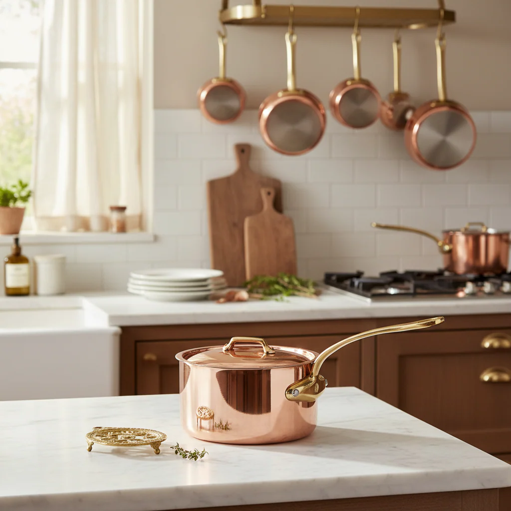 Mauviel M'Heritage M'250 B Copper Sauce Pan With Lid, Brass Handle - Image 5