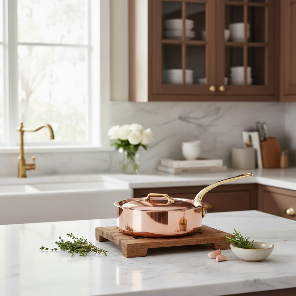 Mauviel M'Heritage M'250 B Copper Saute Pan With Lid, Brass Handle - Image 2