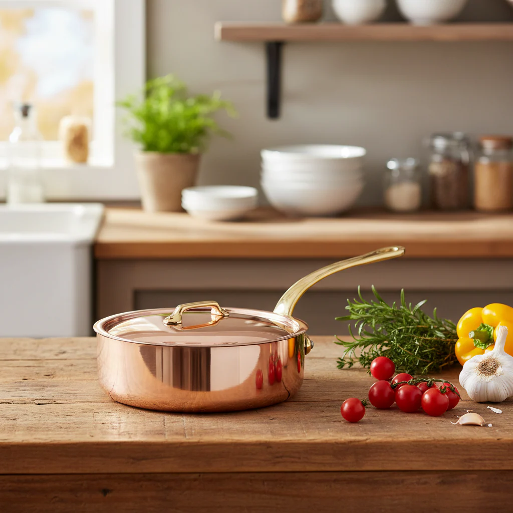 Mauviel M'Heritage M'250 B Copper Saute Pan With Lid, Brass Handle - Image 4