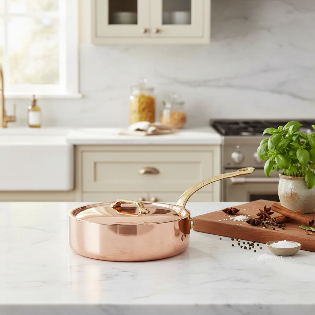 Mauviel M'Heritage M'250 B Copper Saute Pan With Lid, Brass Handle - Image 5