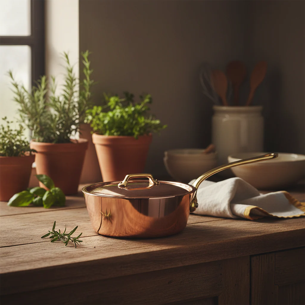 Mauviel M'Heritage M'250 B Copper Splayed Saute Pan With Lid, Brass Handle, 3.6-Qt - Image 2