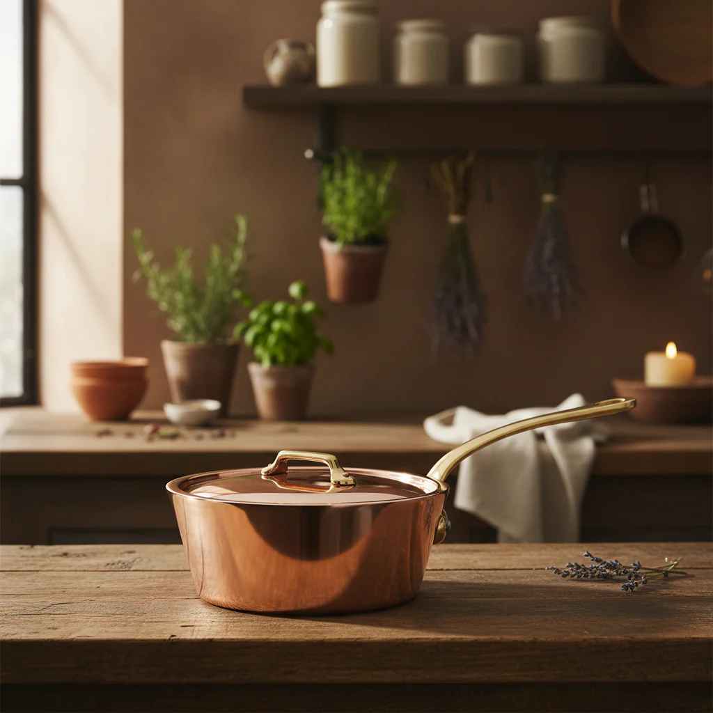 Mauviel M'Heritage M'250 B Copper Splayed Saute Pan With Lid, Brass Handle, 3.6-Qt - Image 4
