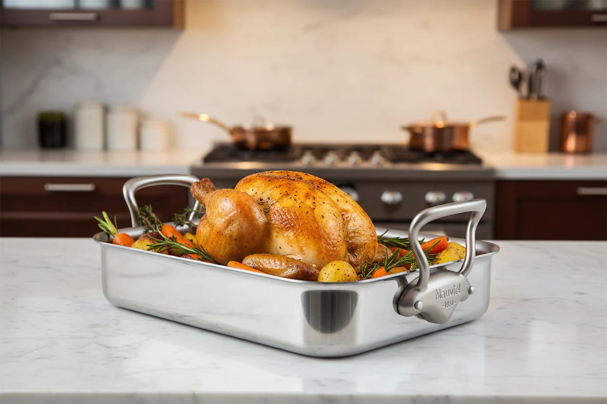 Mauviel Stainless Steel Roasting Pan With Rack And Brushed Cast Stainless Steel Handles, 15.7 x 11.8-In - Image 3